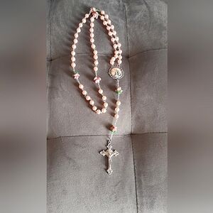 Elegant Faux  Pink Pearl  and Silver Rosary with Ornate Cross Ceramic Flowers